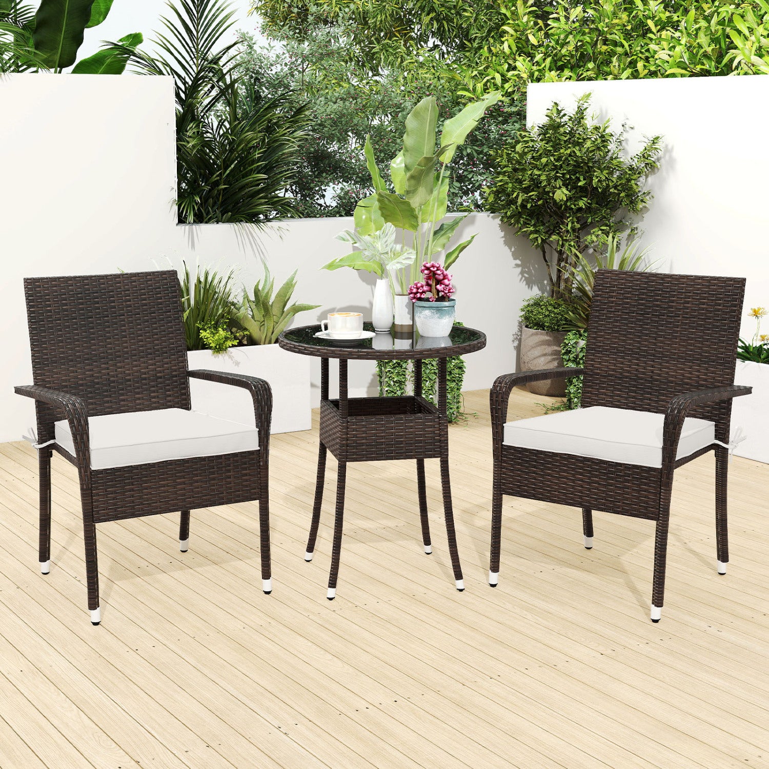 3-Piece Patio Set, PE Rattan Wicker Chairs, Tempered Glass Table, White Patio Conversation Sets at Gallery Canada