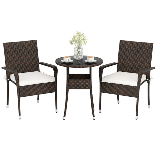 3-Piece Patio Set, PE Rattan Wicker Chairs, Tempered Glass Table, White