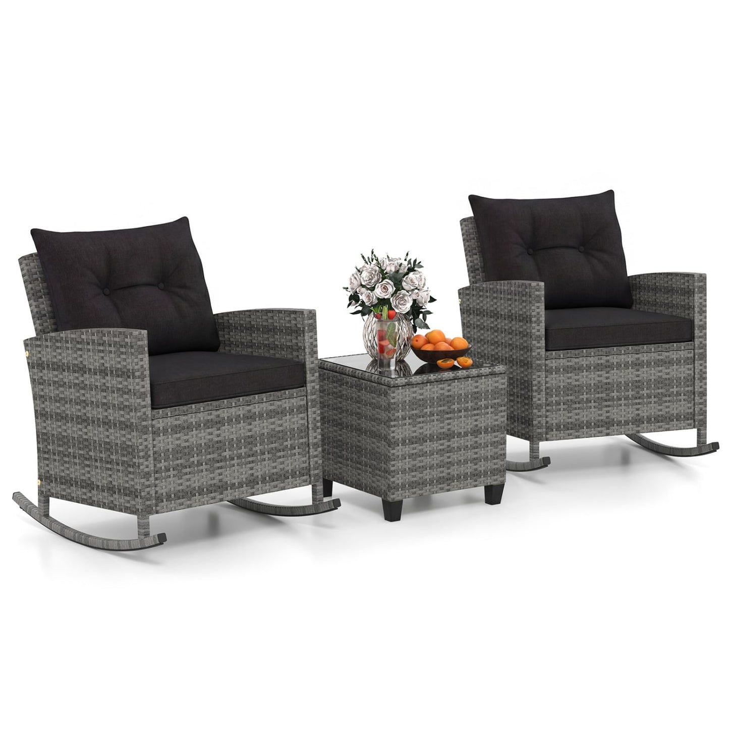 3-Piece Patio Rattan Roker Chairs with Tempered Glass Table and Soft Cushions-Mix Gray, Mix Grey-black Patio Conversation Sets at Gallery Canada