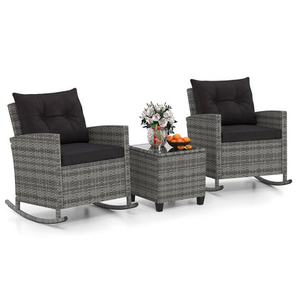 3-Piece Patio Rattan Roker Chairs with Tempered Glass Table and Soft Cushions-Mix Gray, Mix Grey-black Patio Conversation Sets at Gallery Canada