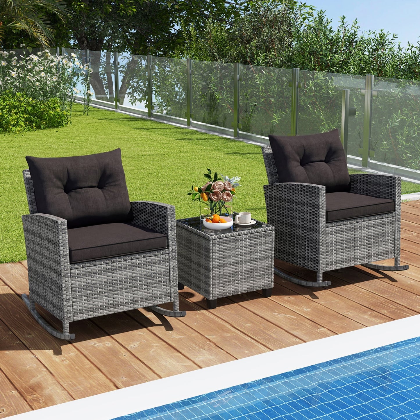 3-Piece Patio Rattan Roker Chairs with Tempered Glass Table and Soft Cushions-Mix Gray, Mix Grey-black Patio Conversation Sets at Gallery Canada