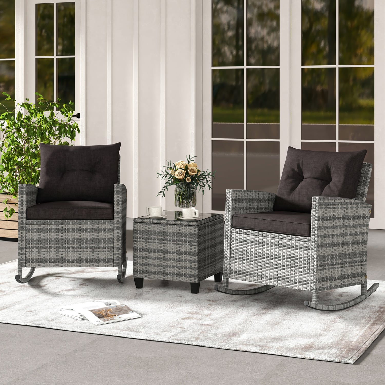 3-Piece Patio Rattan Roker Chairs with Tempered Glass Table and Soft Cushions-Mix Gray, Mix Grey-black Patio Conversation Sets at Gallery Canada