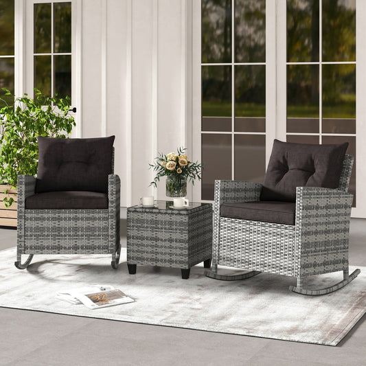 3-Piece Patio Rattan Roker Chairs with Tempered Glass Table and Soft Cushions-Mix Gray, Mix Grey-black Patio Conversation Sets Mix Grey-black at Gallery Canada