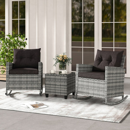 3-Piece Patio Rattan Roker Chairs with Tempered Glass Table and Soft Cushions-Mix Gray, Mix Grey-black
