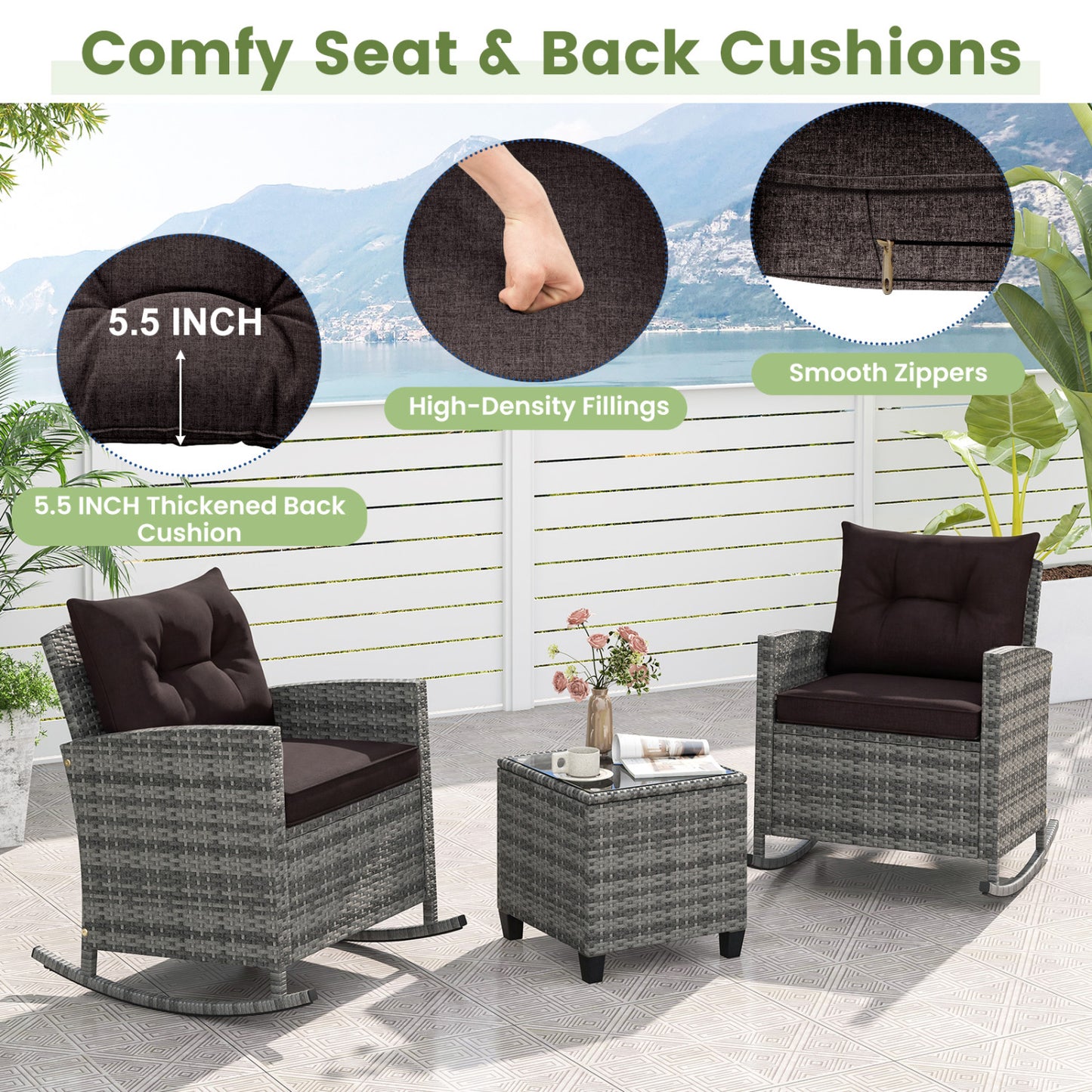 3-Piece Patio Rattan Roker Chairs with Tempered Glass Table and Soft Cushions-Mix Gray, Mix Grey-black Patio Conversation Sets at Gallery Canada