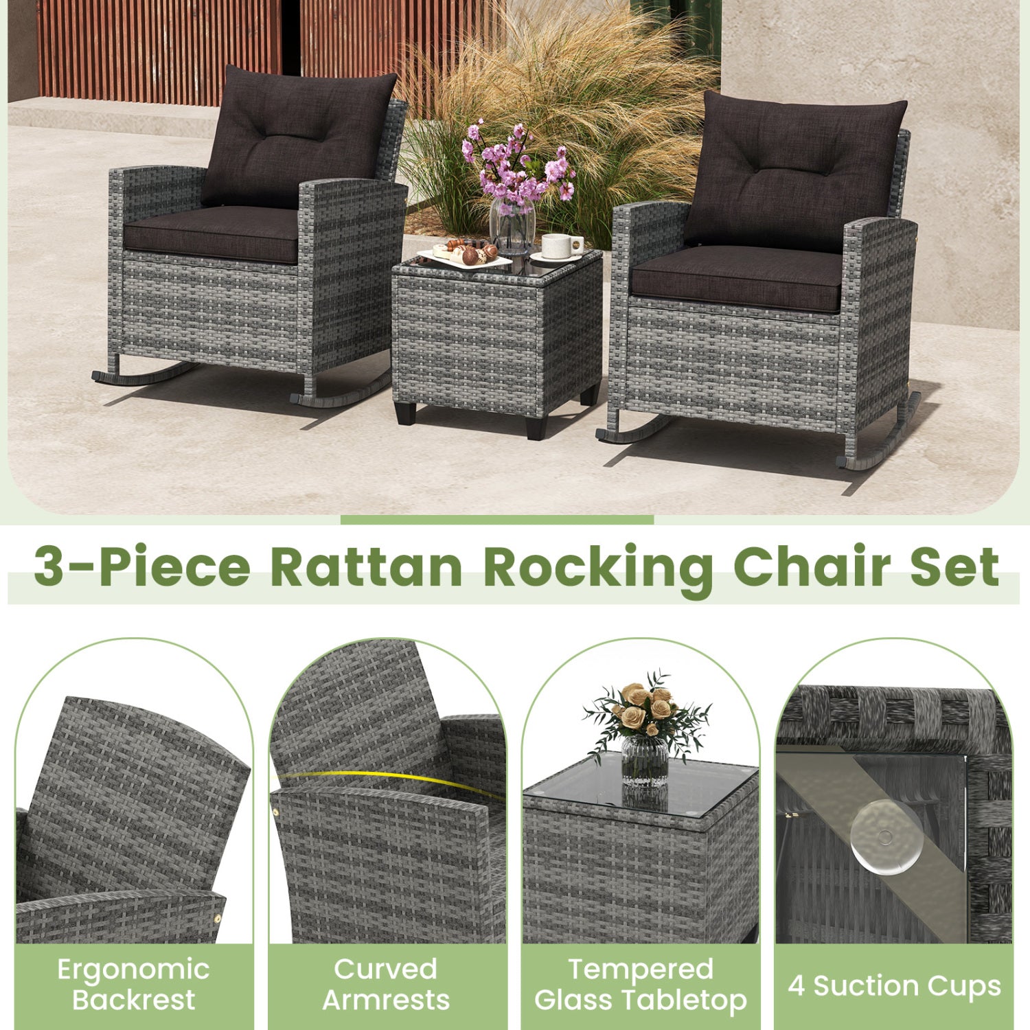 3-Piece Patio Rattan Roker Chairs with Tempered Glass Table and Soft Cushions-Mix Gray, Mix Grey-black Patio Conversation Sets at Gallery Canada