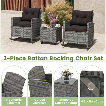 3-Piece Patio Rattan Roker Chairs with Tempered Glass Table and Soft Cushions-Mix Gray, Mix Grey-black Patio Conversation Sets at Gallery Canada