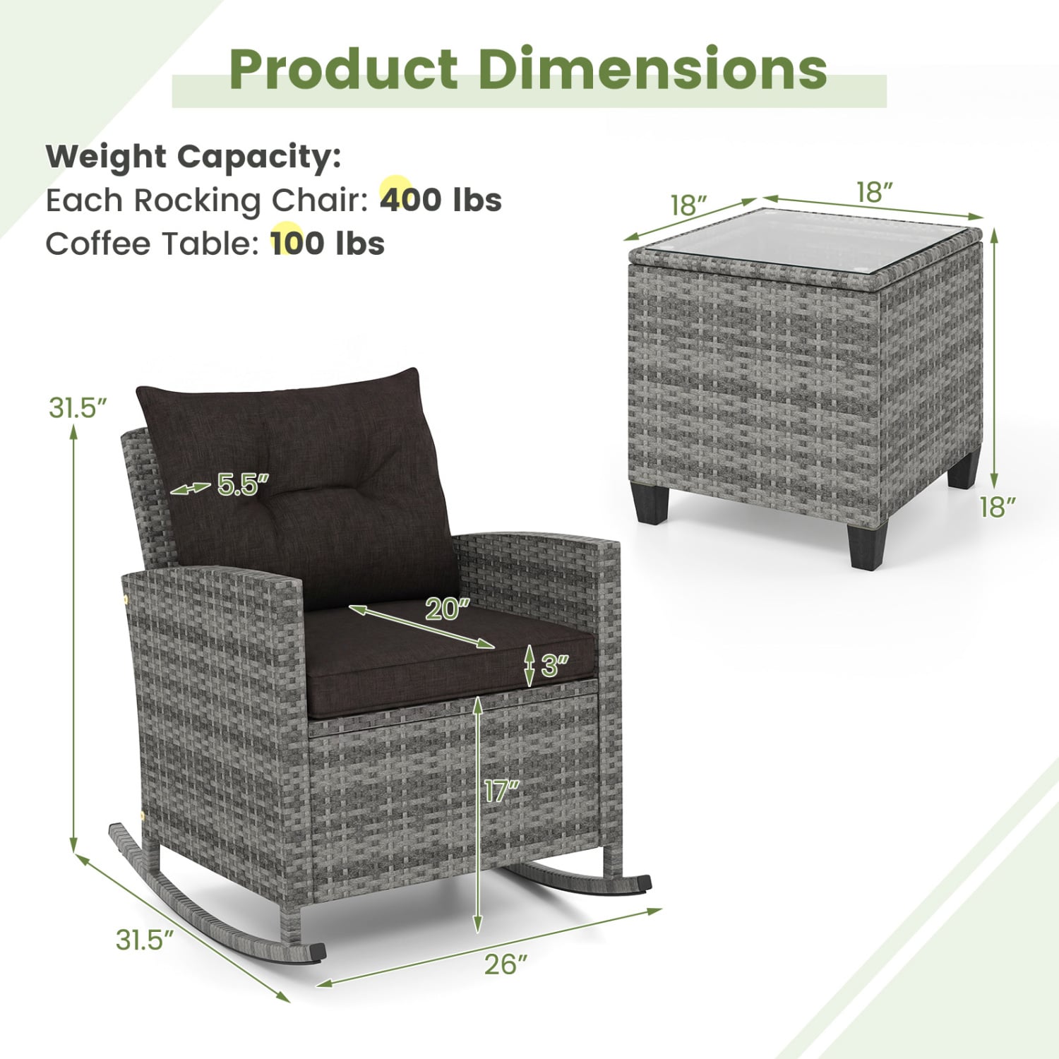 3-Piece Patio Rattan Roker Chairs with Tempered Glass Table and Soft Cushions-Mix Gray, Mix Grey-black Patio Conversation Sets at Gallery Canada
