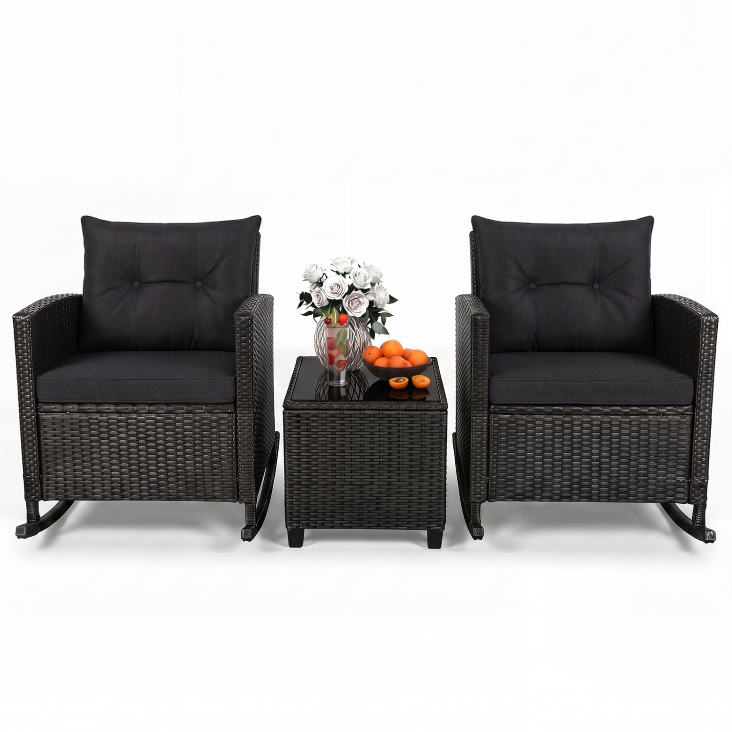 3-Piece Patio Rattan Roker Chairs with Tempered Glass Table and Soft Cushions Patio Conversation Sets Beige/Navy/Gray/Black at Gallery Canada