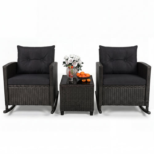 3-Piece Patio Rattan Roker Chairs with Tempered Glass Table and Soft Cushions