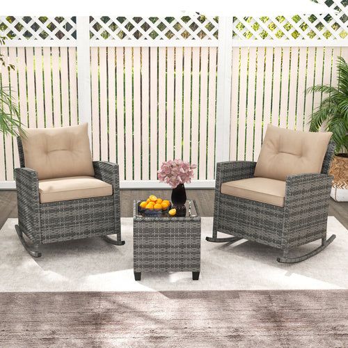 3-Piece Patio Rattan Rocker Chairs With Glass Table, Yellow