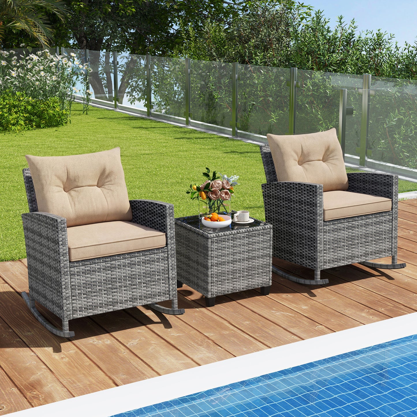 3-Piece Patio Rattan Rocker Chairs With Glass Table, Yellow