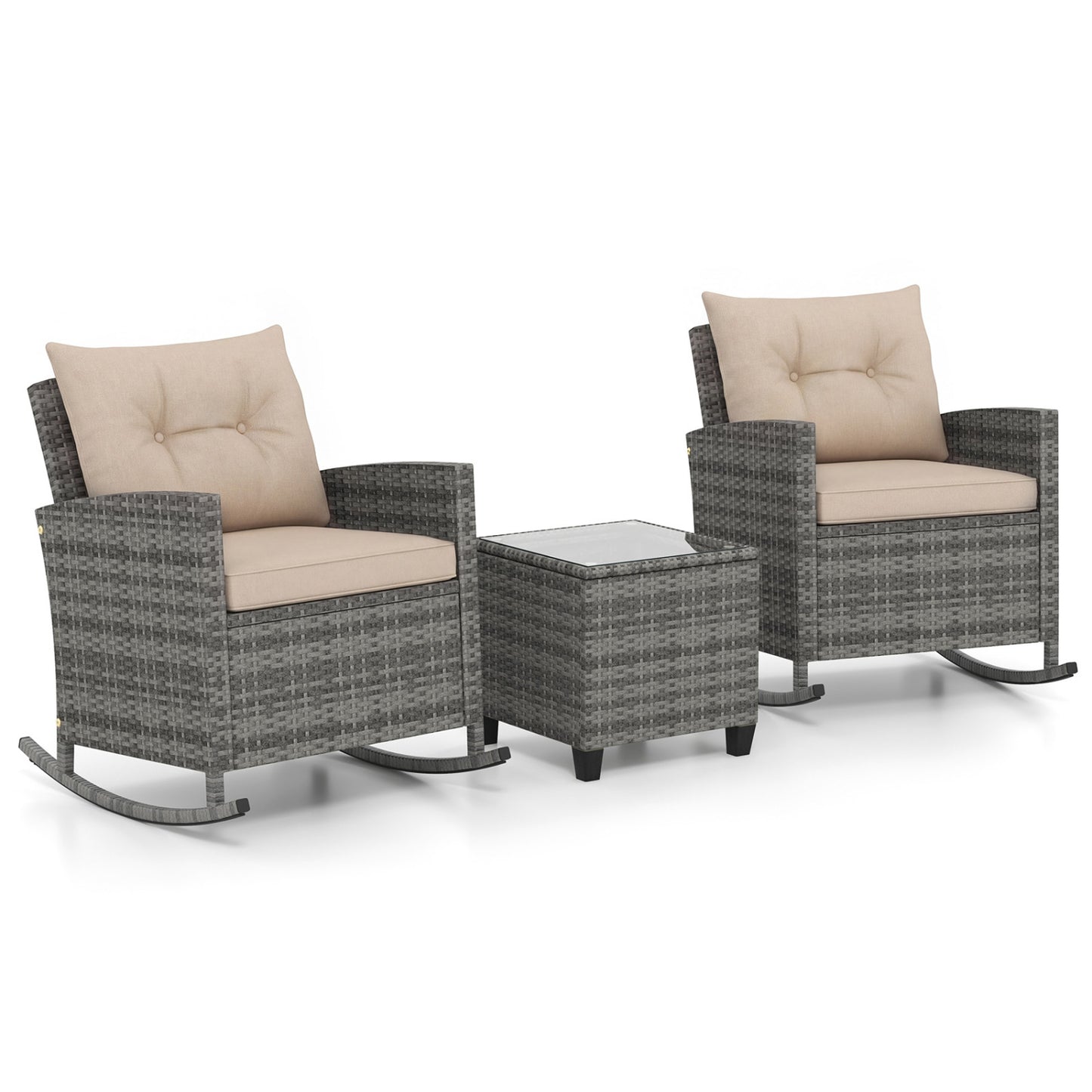 3-Piece Patio Rattan Rocker Chairs With Glass Table, Yellow