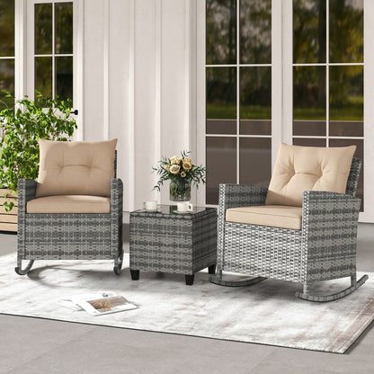 3-Piece Patio Rattan Rocker Chairs With Glass Table, Yellow