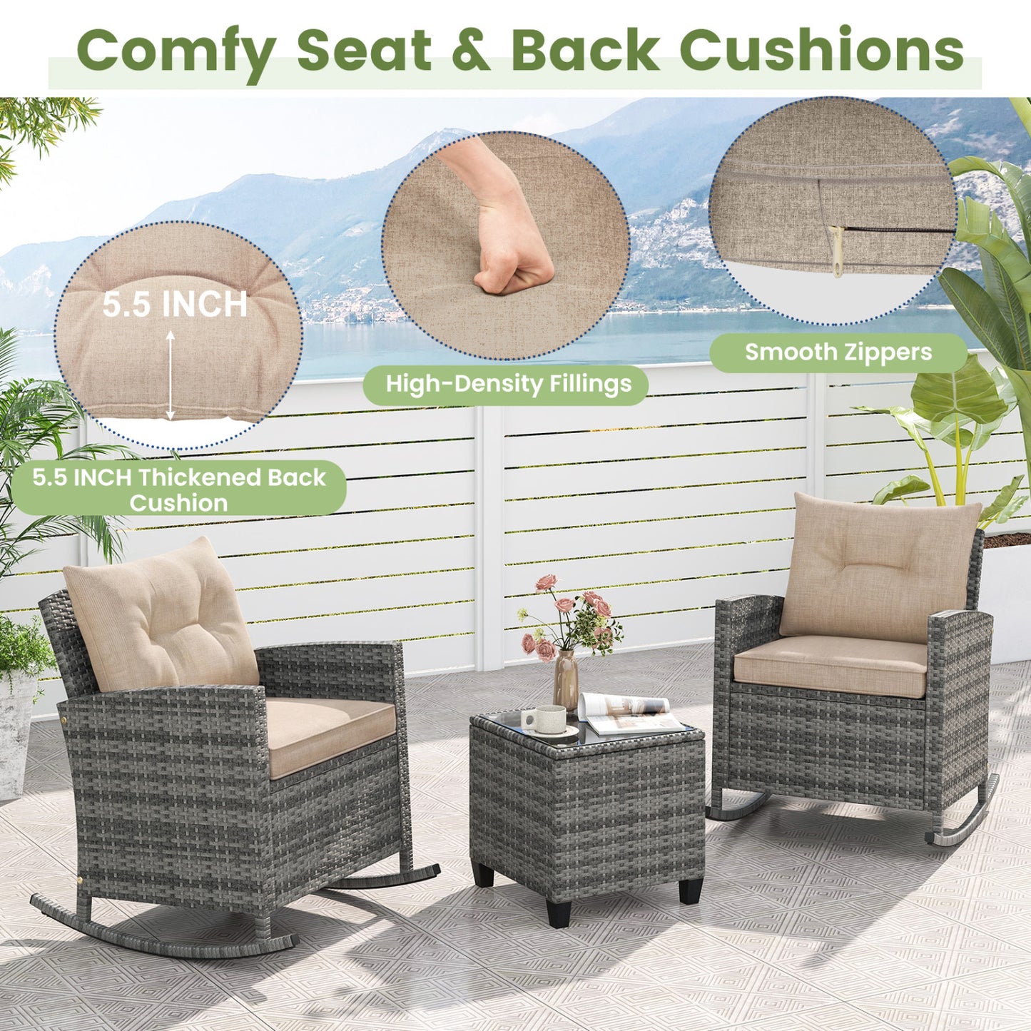 3-Piece Patio Rattan Rocker Chairs With Glass Table, Yellow