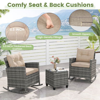 3-Piece Patio Rattan Rocker Chairs With Glass Table, Yellow