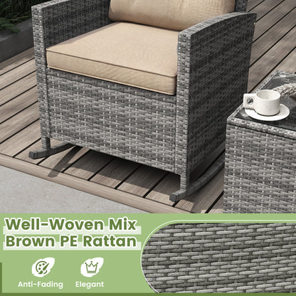 3-Piece Patio Rattan Rocker Chairs With Glass Table, Yellow
