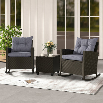 3-Piece Patio Rattan Rocker Chairs, Tempered Glass Table, Dark Gray