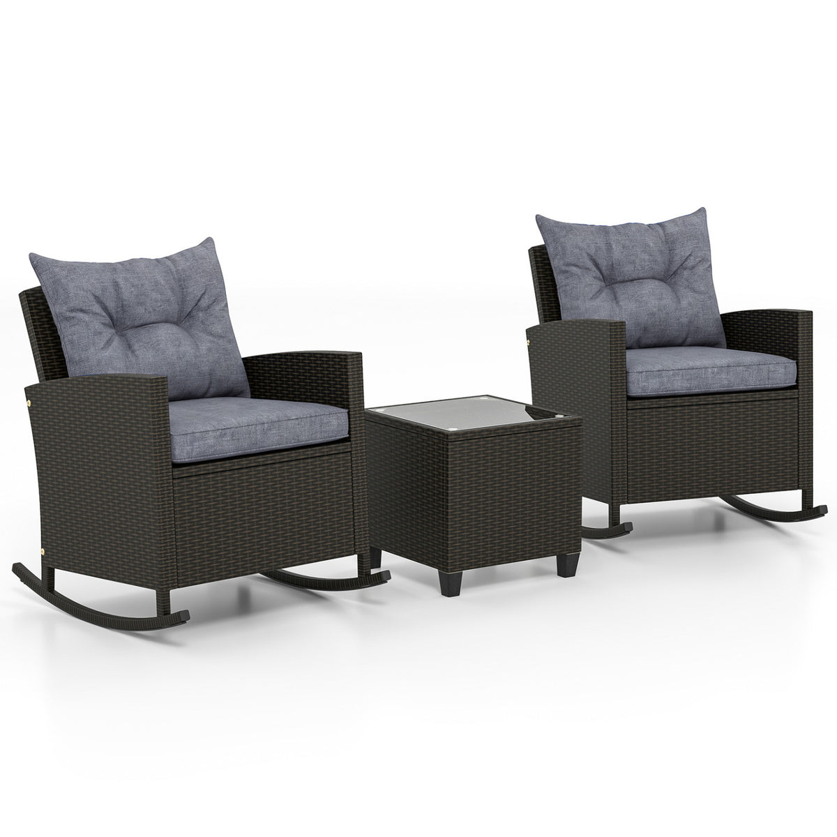 3-Piece Patio Rattan Rocker Chairs, Tempered Glass Table, Dark Gray