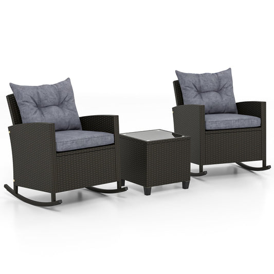 3-Piece Patio Rattan Rocker Chairs, Glass Table, Cushions, Dark Gray Patio Conversation Sets Dark Gray at Gallery Canada
