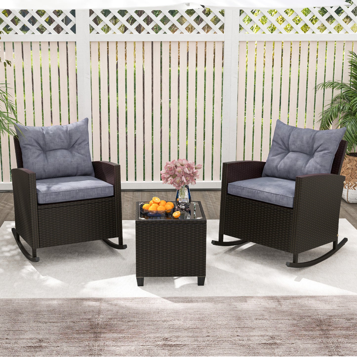 3-Piece Patio Rattan Rocker Chairs, Tempered Glass Table, Dark Gray