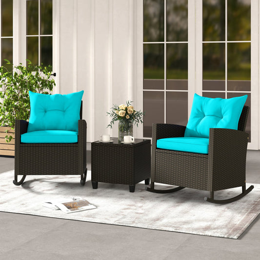 3-Piece Rattan Rocker Chairs, Glass Table, Cushions, Turquoise Patio Conversation Sets Turquoise at Gallery Canada
