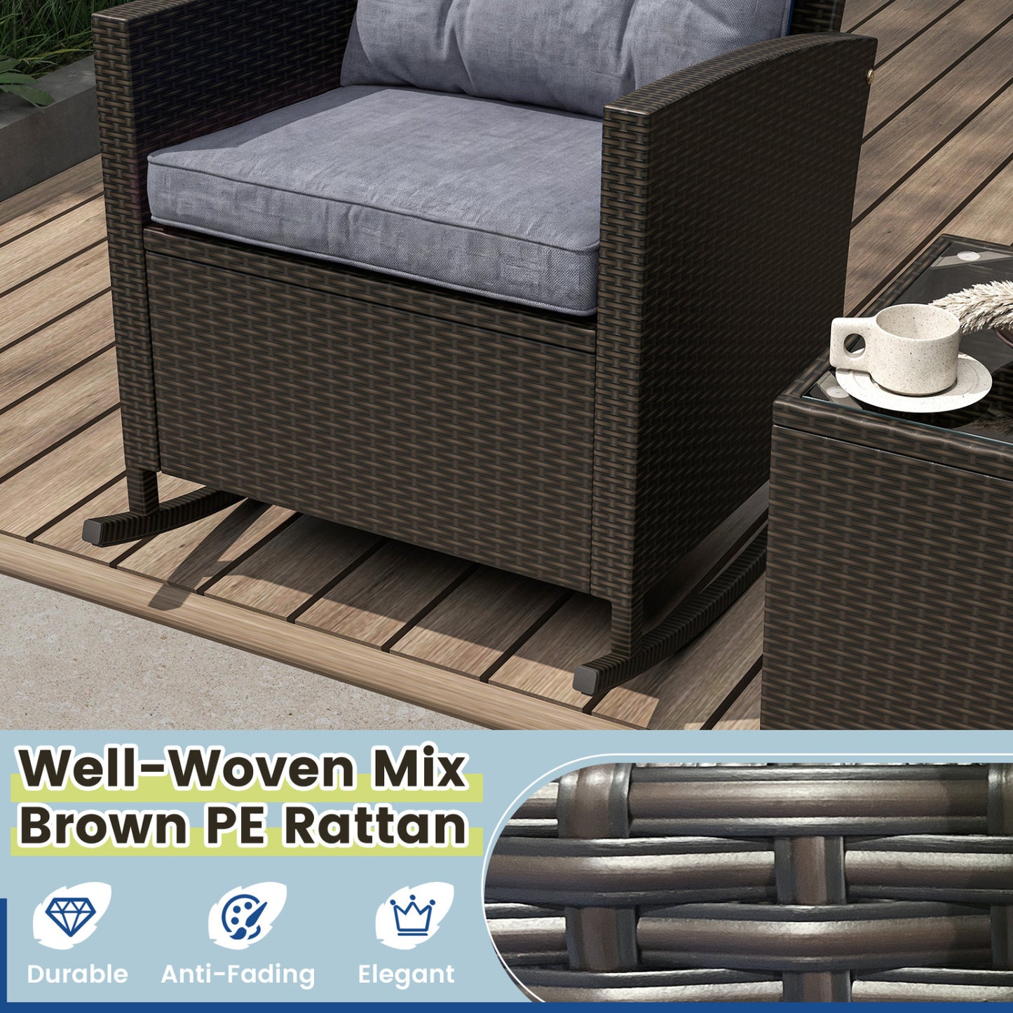 3-Piece Patio Rattan Rocker Chairs, Tempered Glass Table, Dark Gray