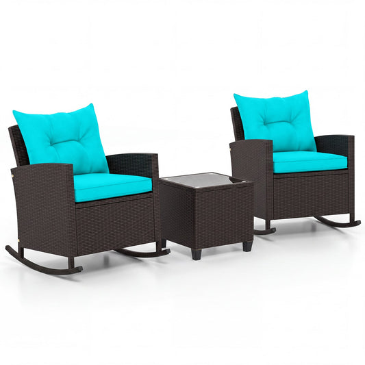 3-Piece Rattan Rocker Chairs, Glass Table, Cushions, Turquoise Patio Conversation Sets Turquoise at Gallery Canada