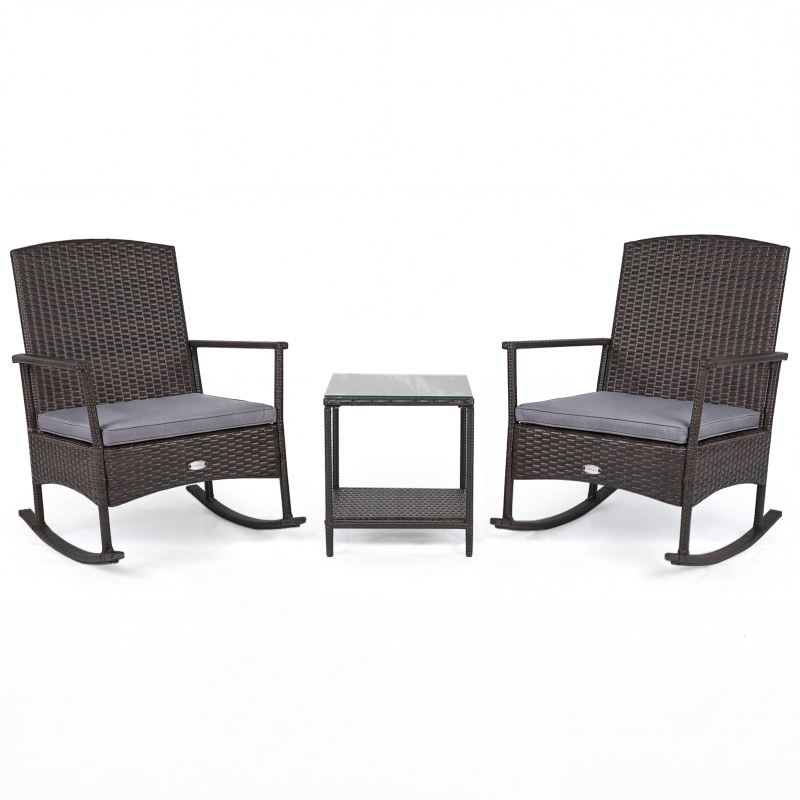 3 Piece Patio Rocking Set, Wicker Chairs, 2-Tier Coffee Table, Gray Patio Conversation Sets at Gallery Canada