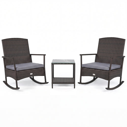 3 Piece Patio Rocking Set, Wicker Chairs, 2-Tier Coffee Table, Gray