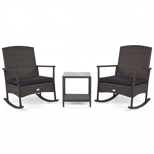 3 Piece Patio Rocking Set, Wicker Rocking Chairs, 2-Tier Coffee Table, Black Patio Conversation Sets Black at Gallery Canada