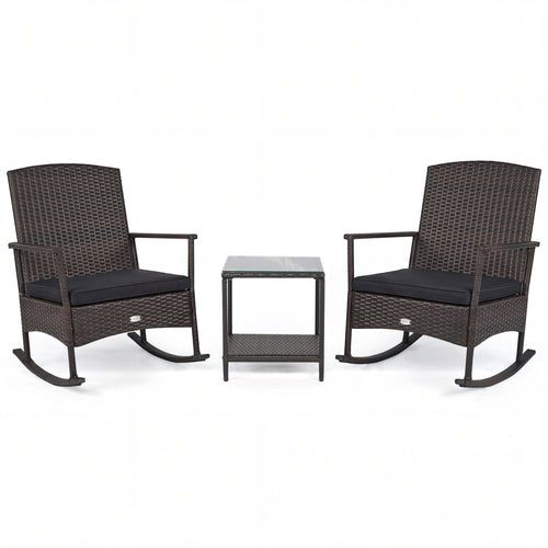 3 Piece Patio Rocking Set, Wicker Rocking Chairs, 2-Tier Coffee Table, Black