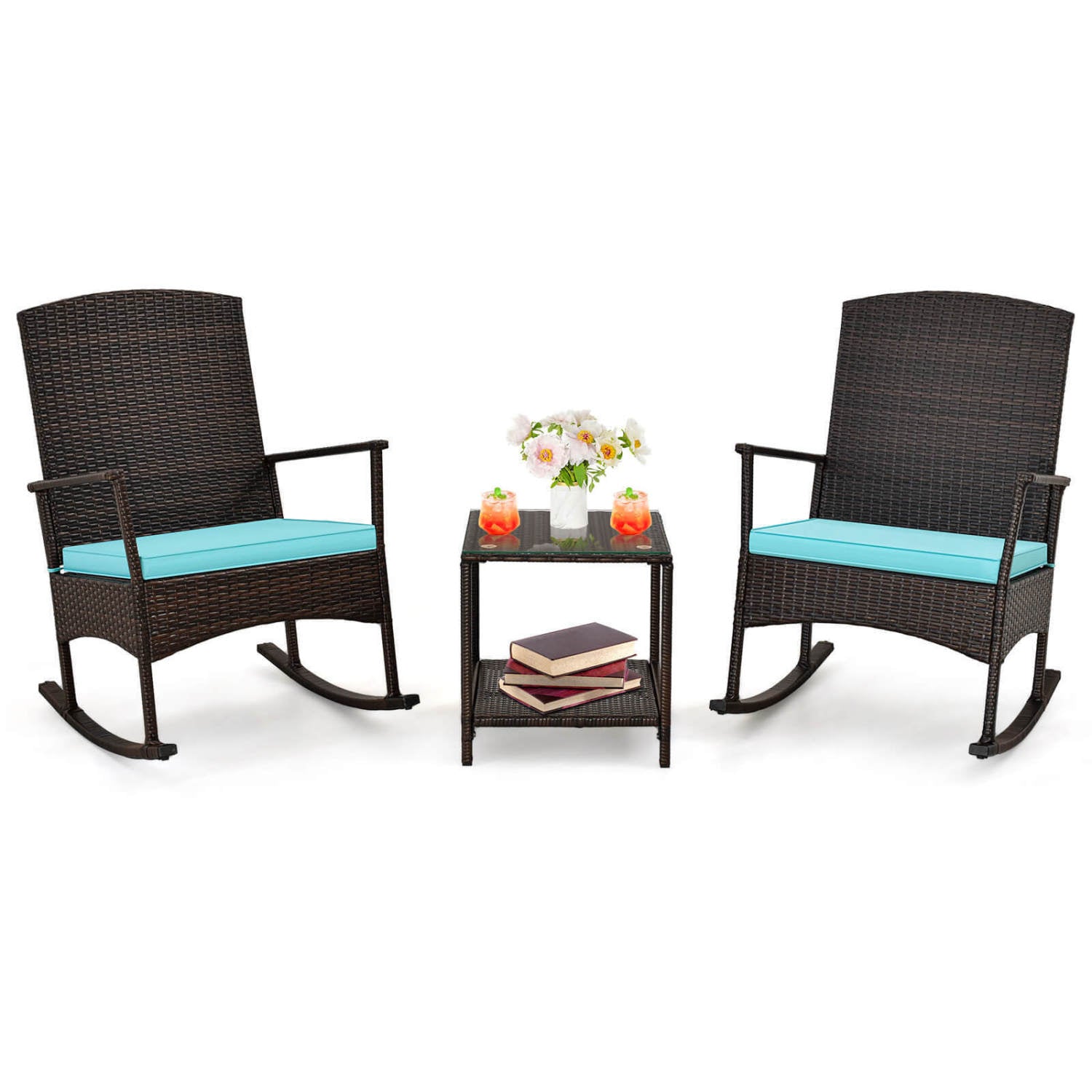 3 Piece Patio Rocking Set, Wicker Rocking Chairs, 2-Tier Coffee Table, Turquoise Patio Conversation Sets Turquoise at Gallery Canada