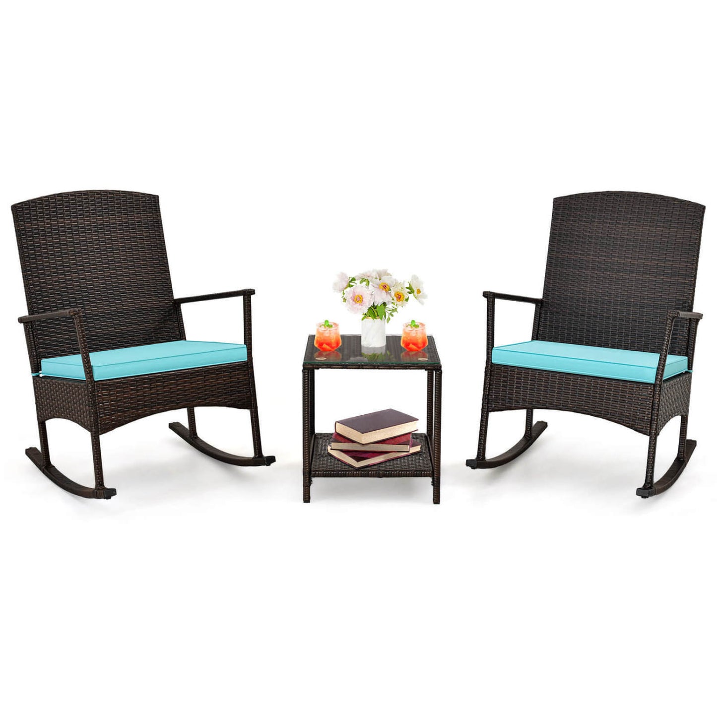 3 Piece Patio Rocking Set, Wicker Rocking Chairs, 2-Tier Coffee Table, Turquoise Patio Conversation Sets Turquoise at Gallery Canada