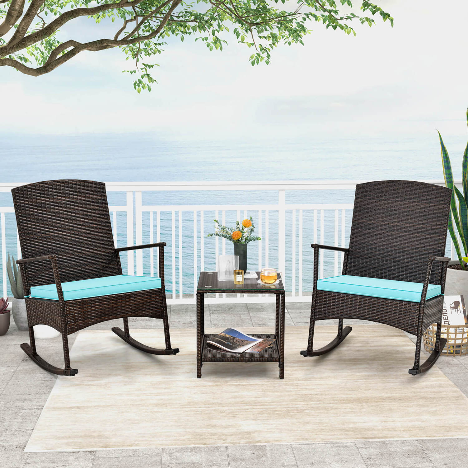 3 Piece Patio Rocking Set, Wicker Rocking Chairs, 2-Tier Coffee Table, Turquoise Patio Conversation Sets at Gallery Canada