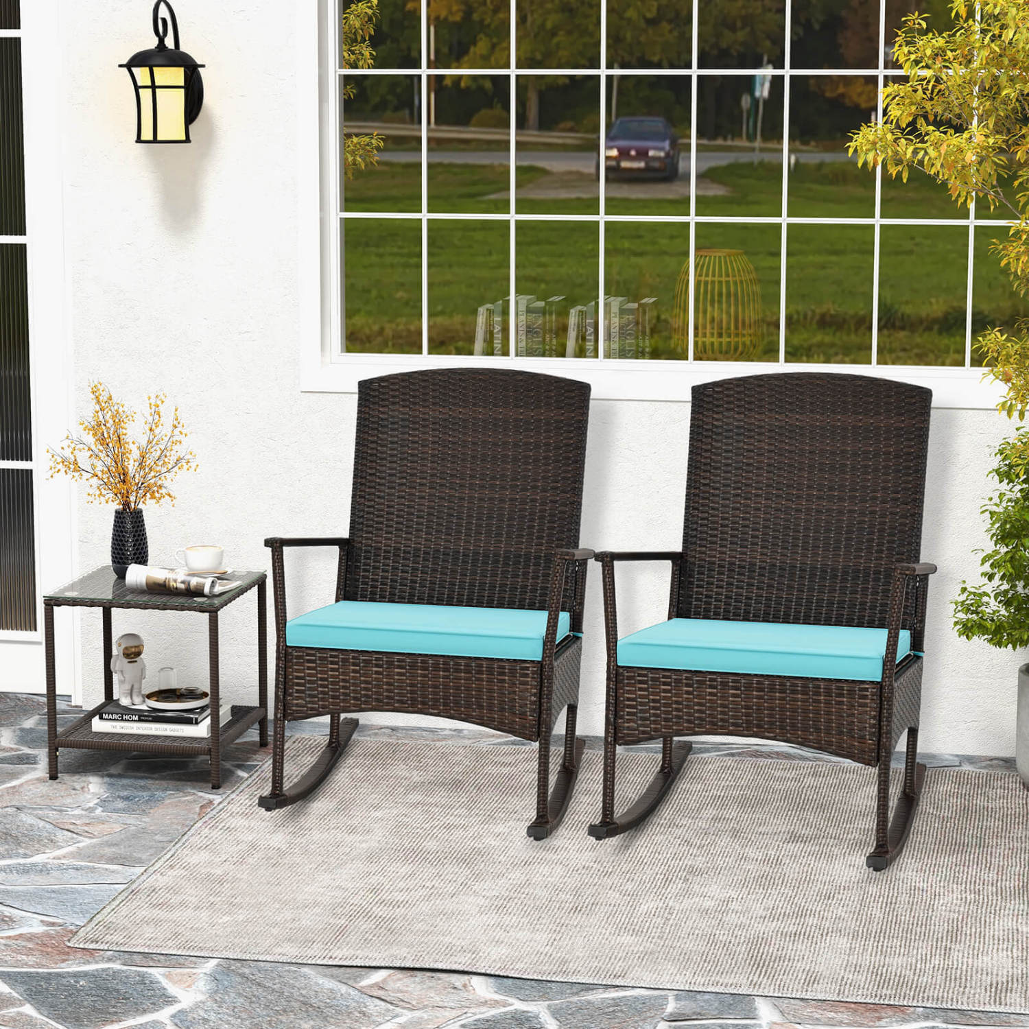 3 Piece Patio Rocking Set, Wicker Rocking Chairs, 2-Tier Coffee Table, Turquoise Patio Conversation Sets at Gallery Canada