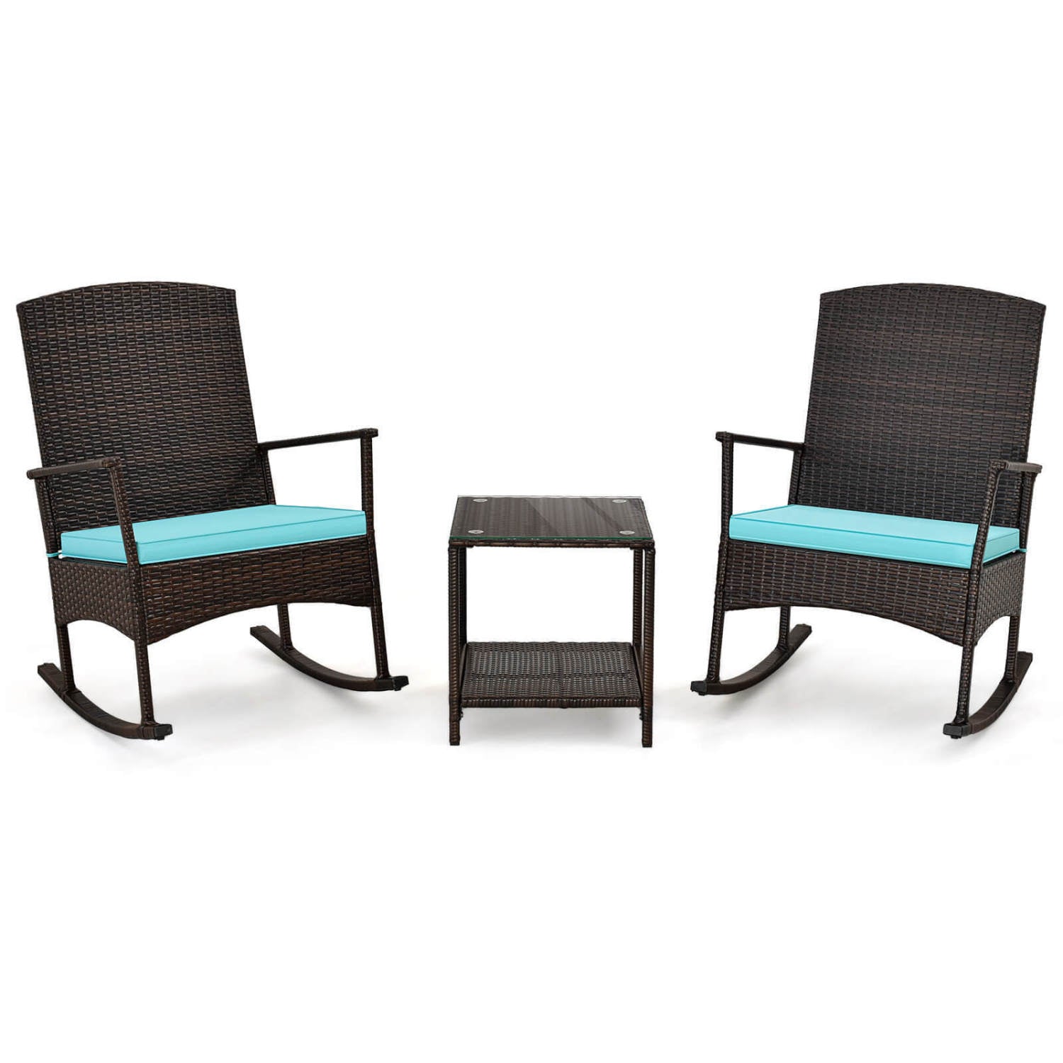 3 Piece Patio Rocking Set, Wicker Rocking Chairs, 2-Tier Coffee Table, Turquoise Patio Conversation Sets at Gallery Canada