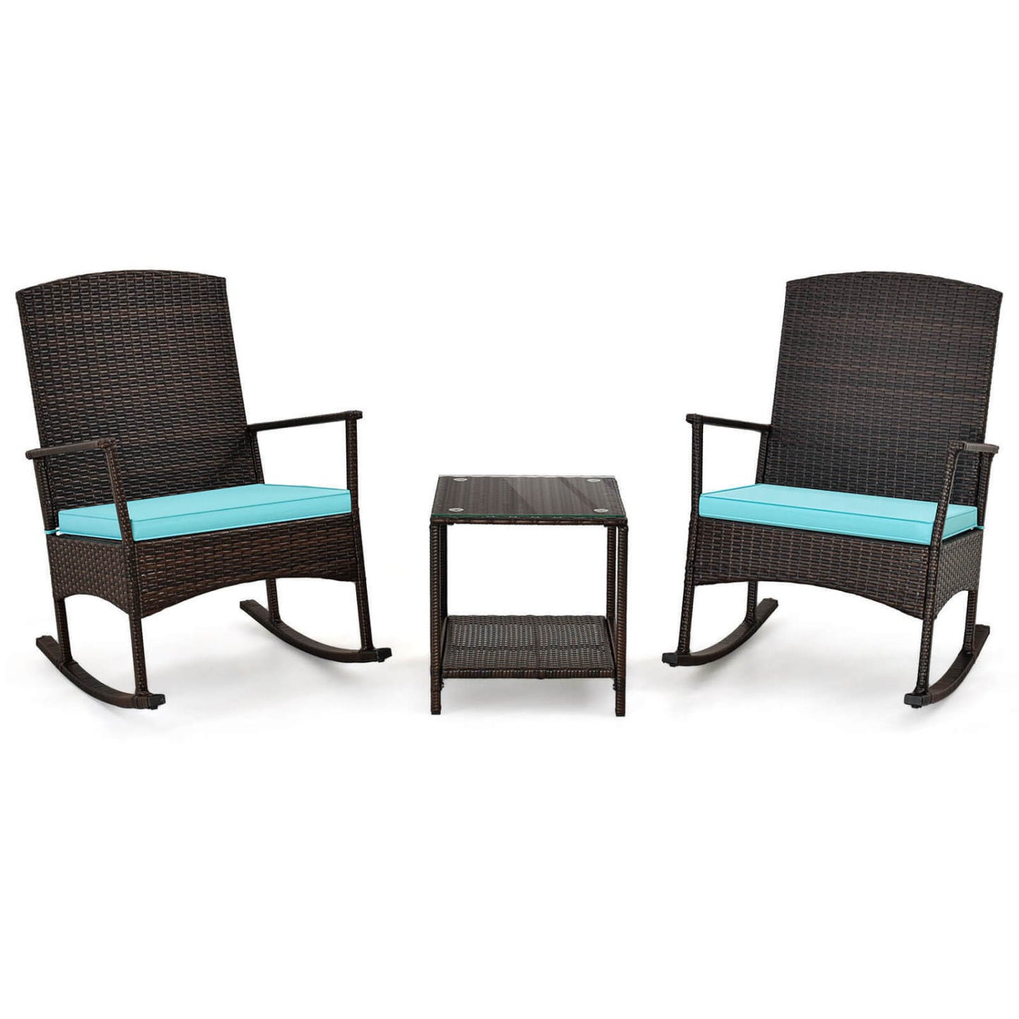 3 Piece Patio Rocking Set, Wicker Rocking Chairs, 2-Tier Coffee Table, Turquoise Patio Conversation Sets at Gallery Canada