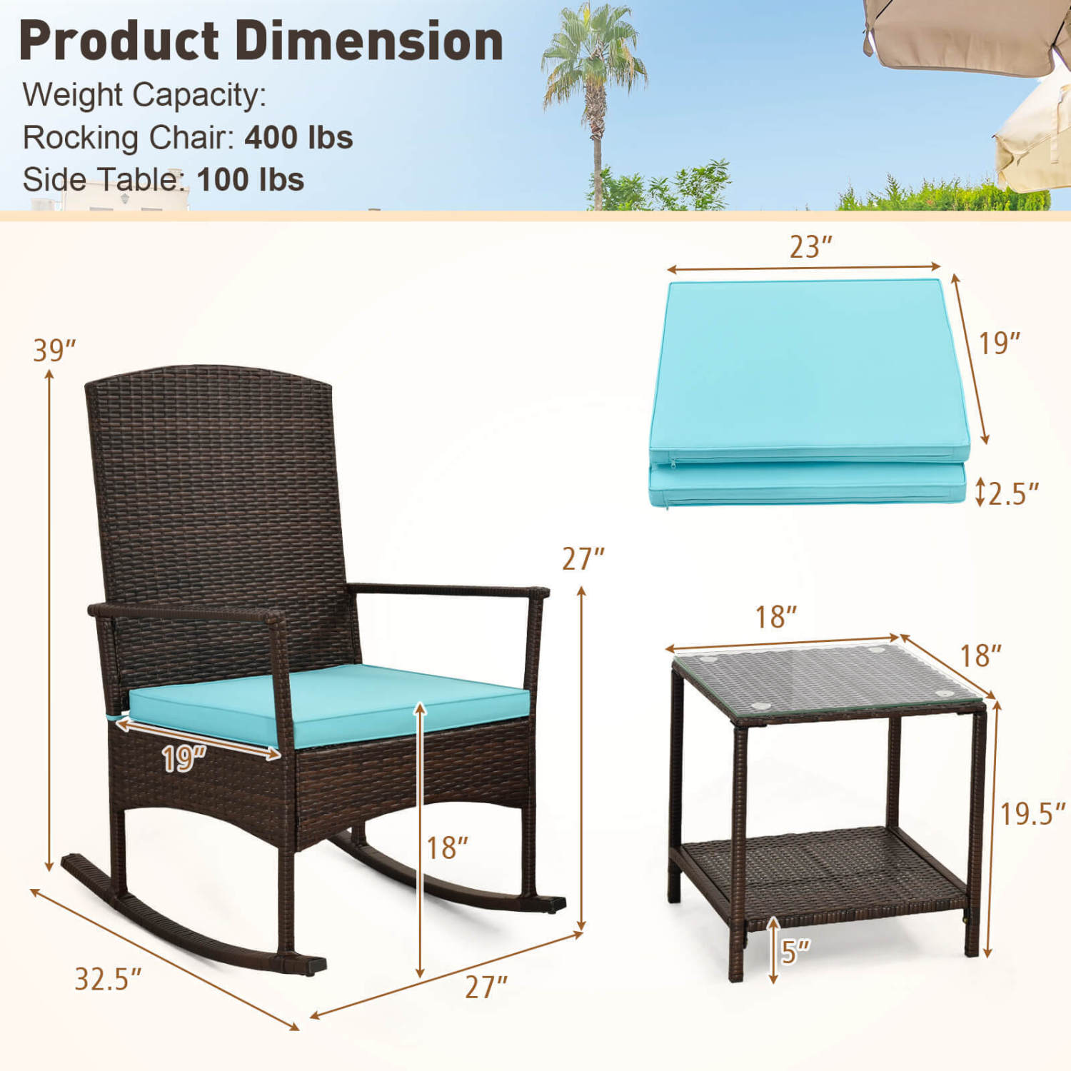 3 Piece Patio Rocking Set, Wicker Rocking Chairs, 2-Tier Coffee Table, Turquoise Patio Conversation Sets at Gallery Canada