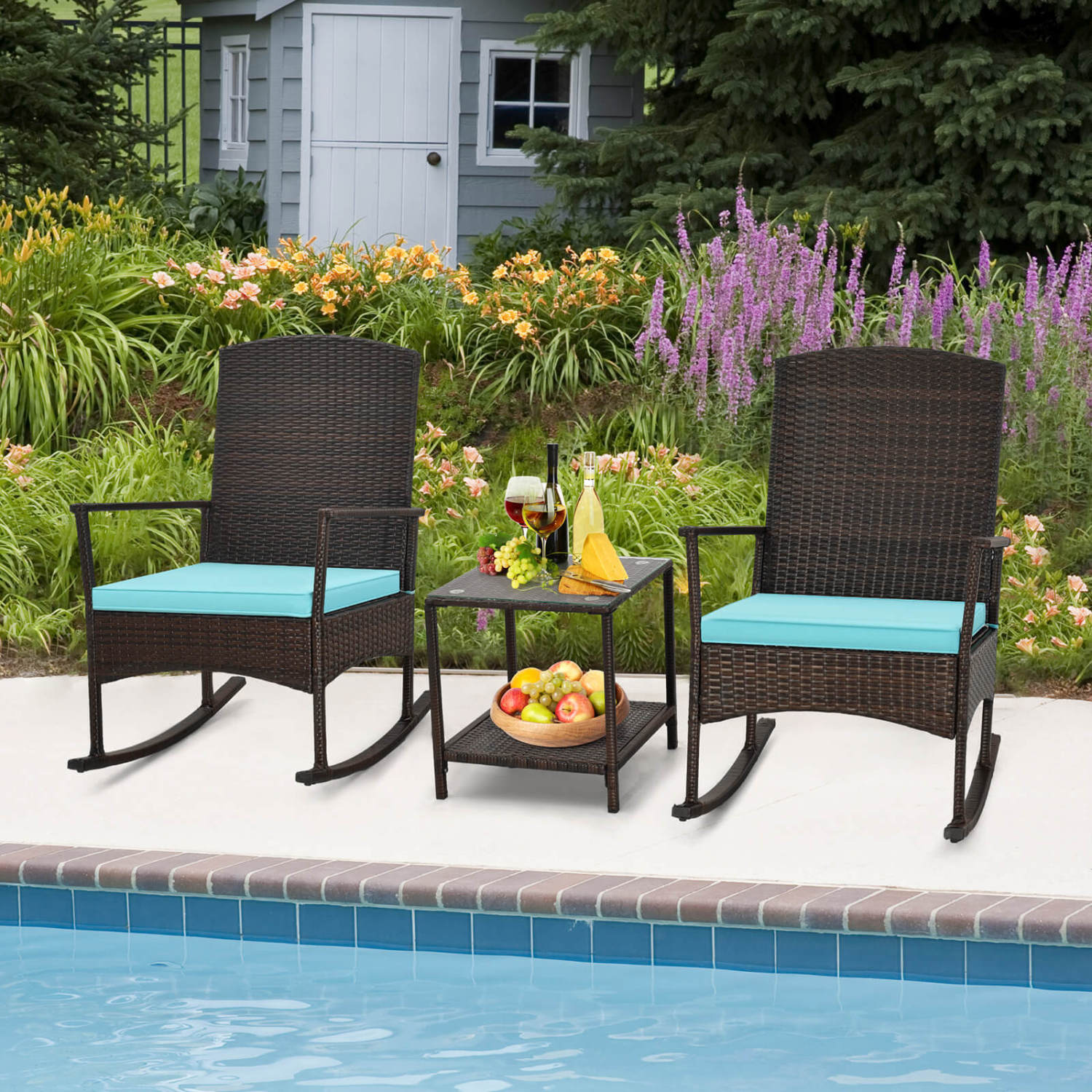 3 Piece Patio Rocking Set, Wicker Rocking Chairs, 2-Tier Coffee Table, Turquoise Patio Conversation Sets at Gallery Canada