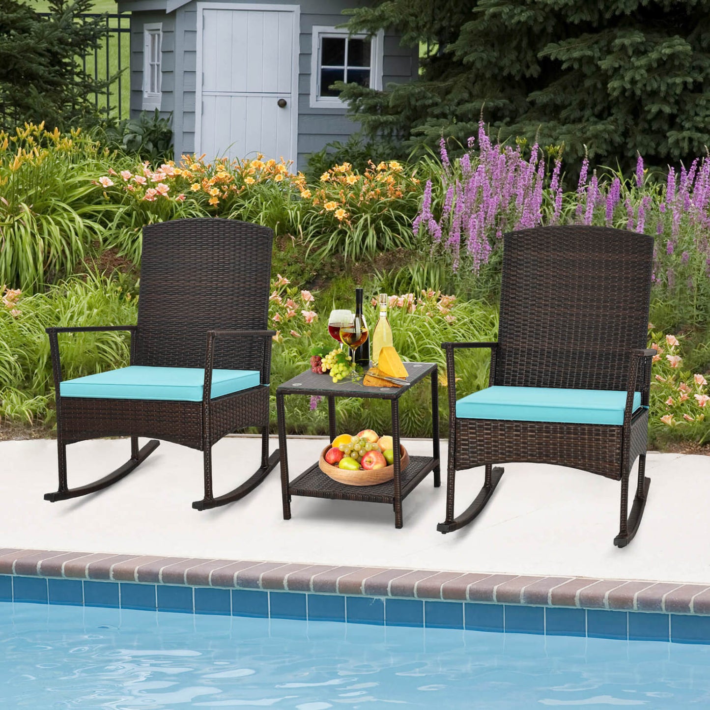 3 Piece Patio Rocking Set, Wicker Rocking Chairs, 2-Tier Coffee Table, Turquoise Patio Conversation Sets at Gallery Canada