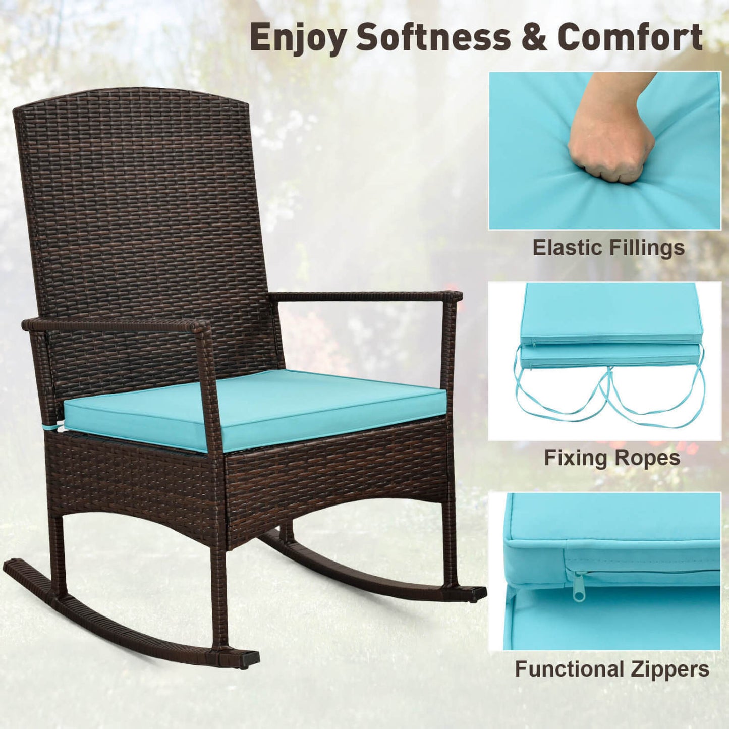 3 Piece Patio Rocking Set, Wicker Rocking Chairs, 2-Tier Coffee Table, Turquoise Patio Conversation Sets at Gallery Canada