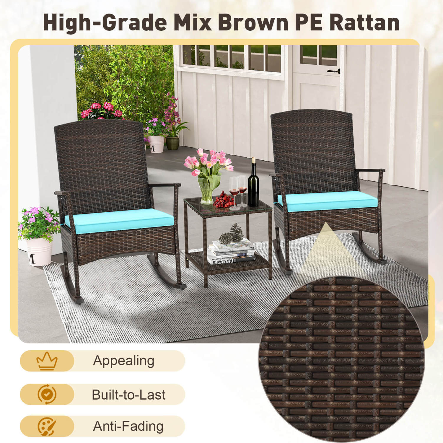 3 Piece Patio Rocking Set, Wicker Rocking Chairs, 2-Tier Coffee Table, Turquoise Patio Conversation Sets at Gallery Canada