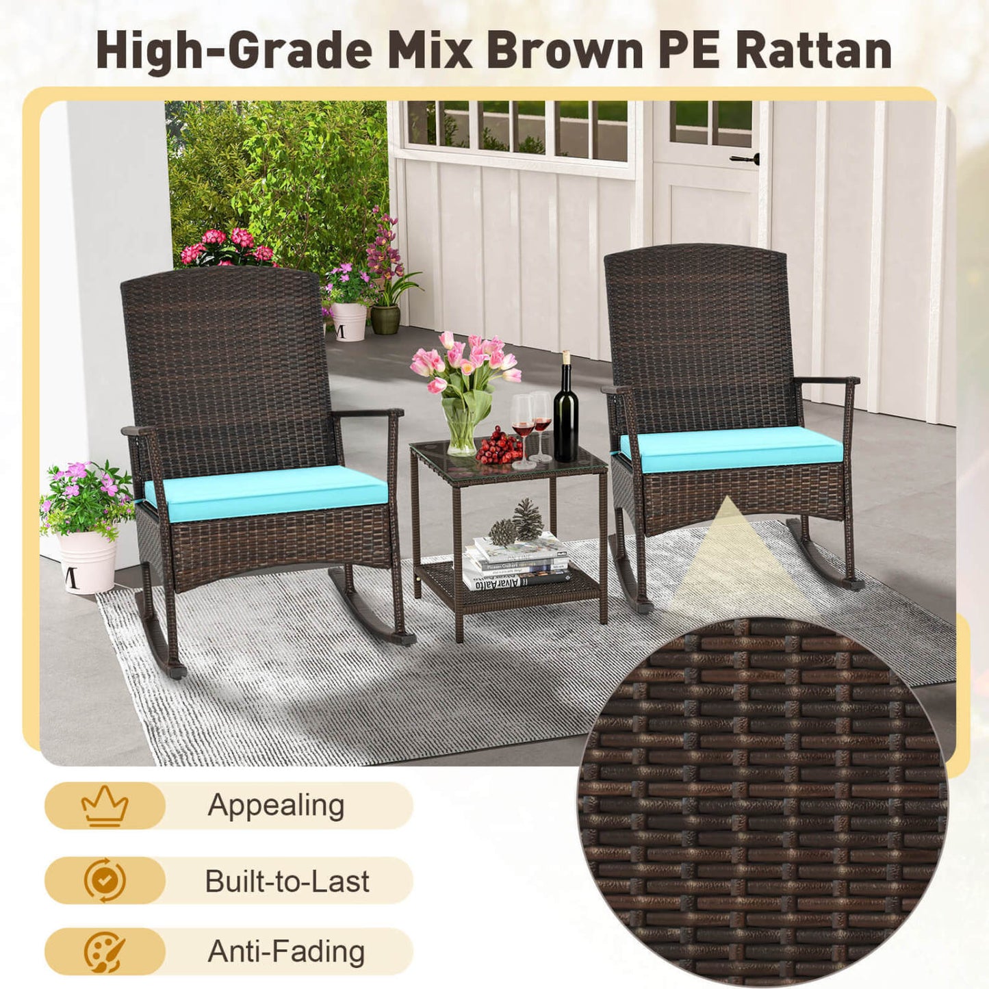 3 Piece Patio Rocking Set, Wicker Rocking Chairs, 2-Tier Coffee Table, Turquoise Patio Conversation Sets at Gallery Canada