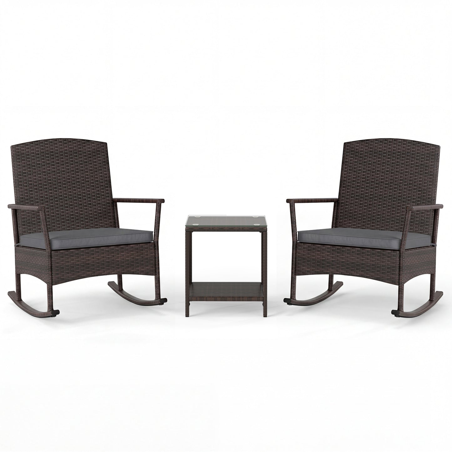 3 Piece Patio Rocking Set, Wicker Chairs, 2-Tier Coffee Table, Gray Patio Conversation Sets at Gallery Canada