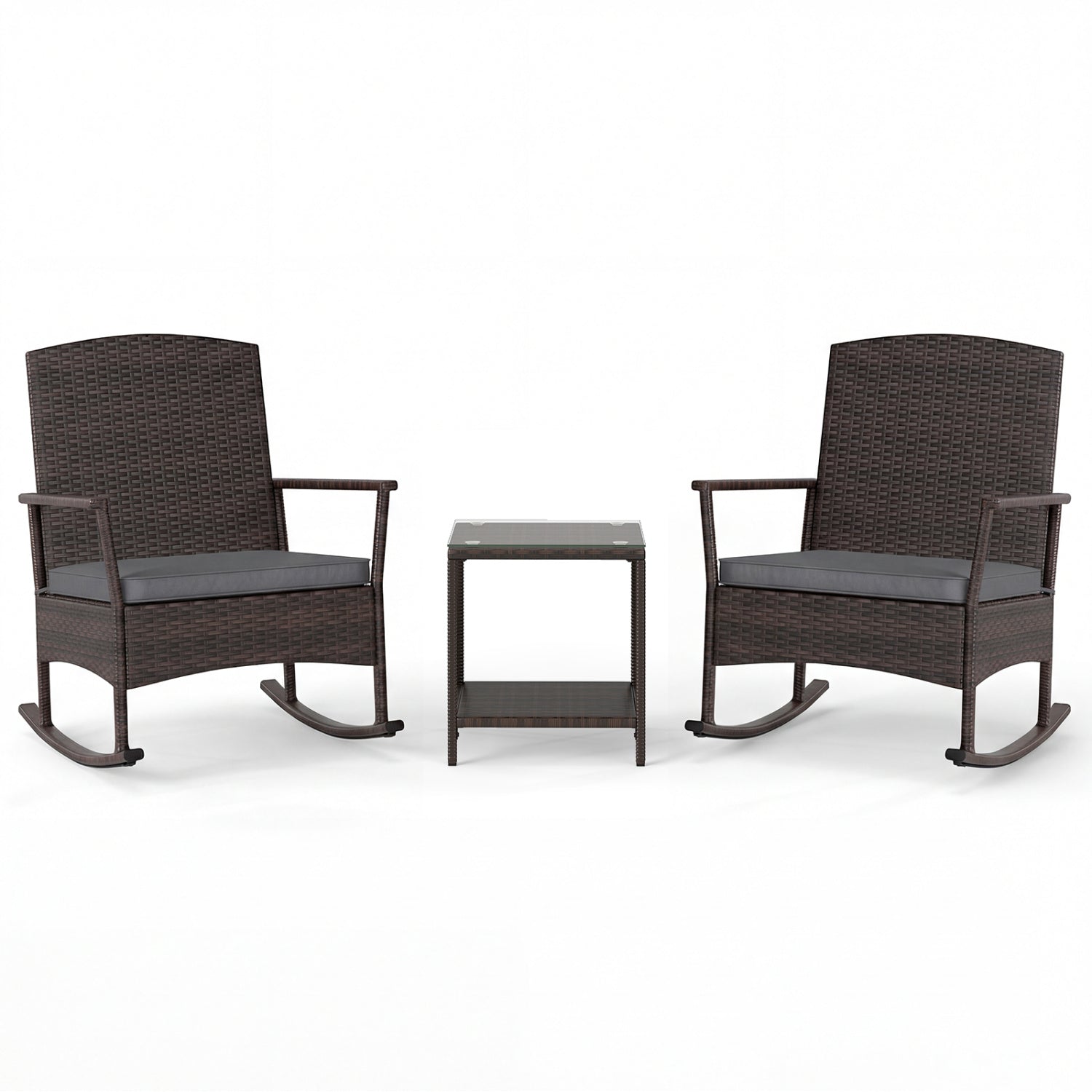 3 Piece Patio Rocking Set, Wicker Chairs, 2-Tier Coffee Table, Gray Patio Conversation Sets Gray at Gallery Canada
