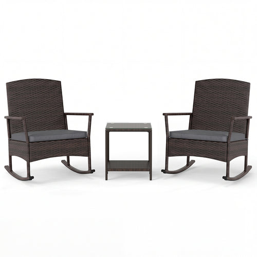 3 Piece Patio Rocking Set, Wicker Chairs, 2-Tier Coffee Table, Gray