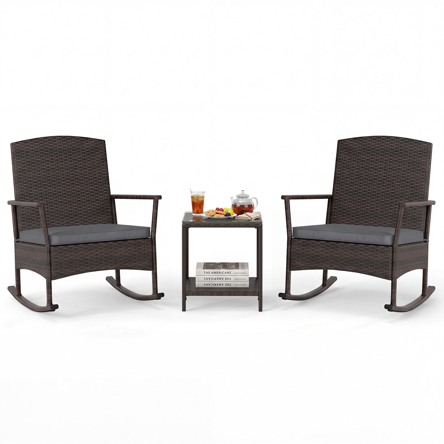 3 Piece Patio Rocking Set, Wicker Chairs, 2-Tier Coffee Table, Gray Patio Conversation Sets at Gallery Canada