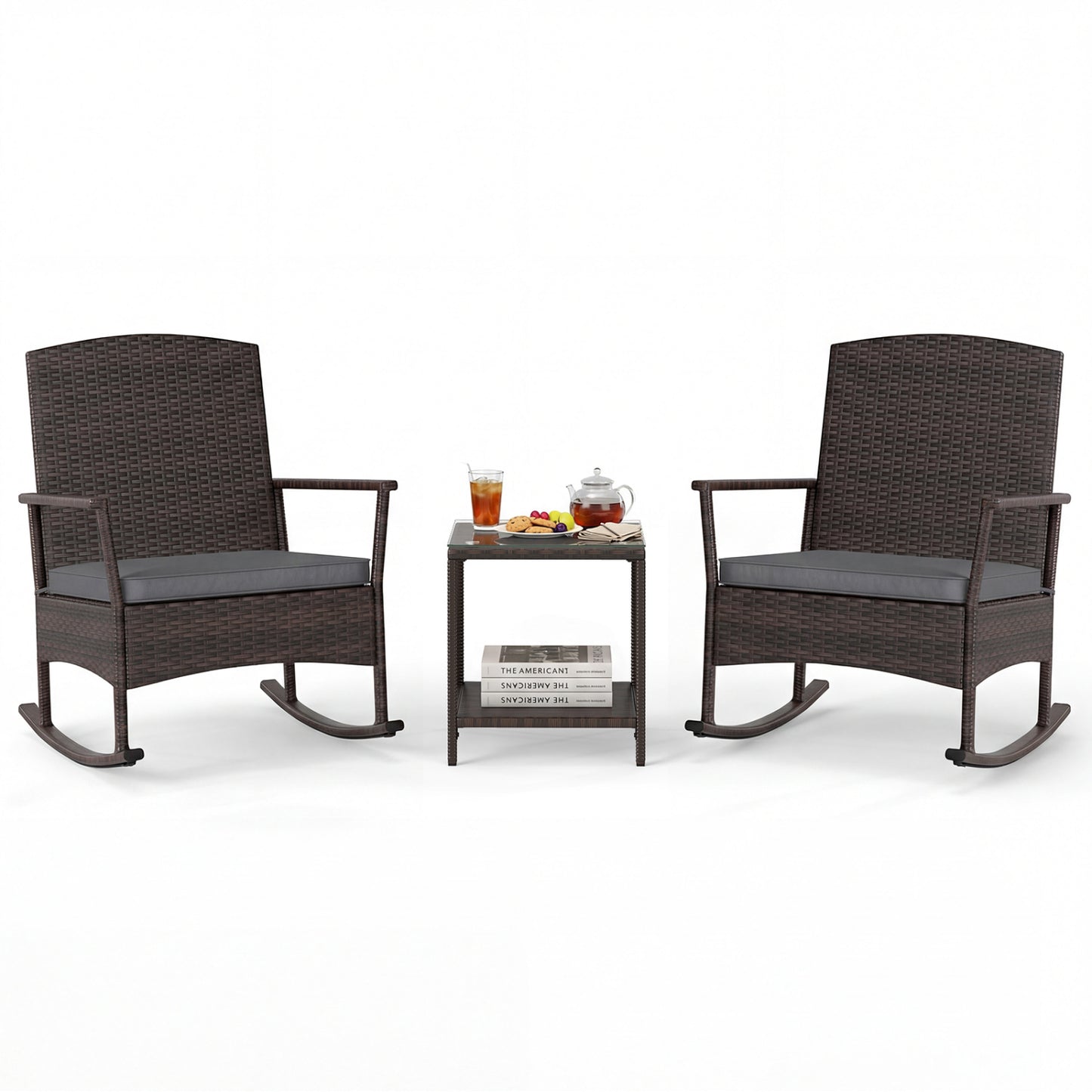 3 Piece Patio Rocking Set, Wicker Chairs, 2-Tier Coffee Table, Gray Patio Conversation Sets at Gallery Canada