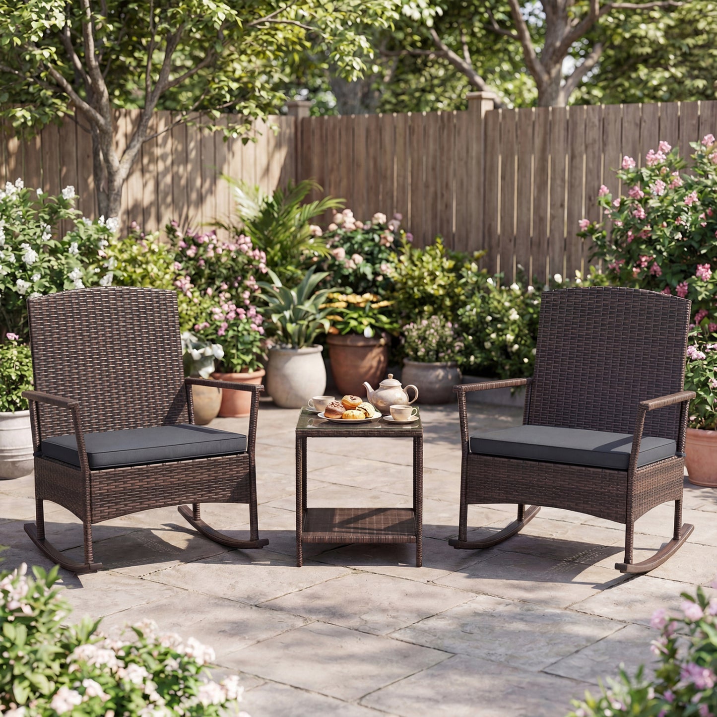 3 Piece Patio Rocking Set, Wicker Chairs, 2-Tier Coffee Table, Gray Patio Conversation Sets at Gallery Canada